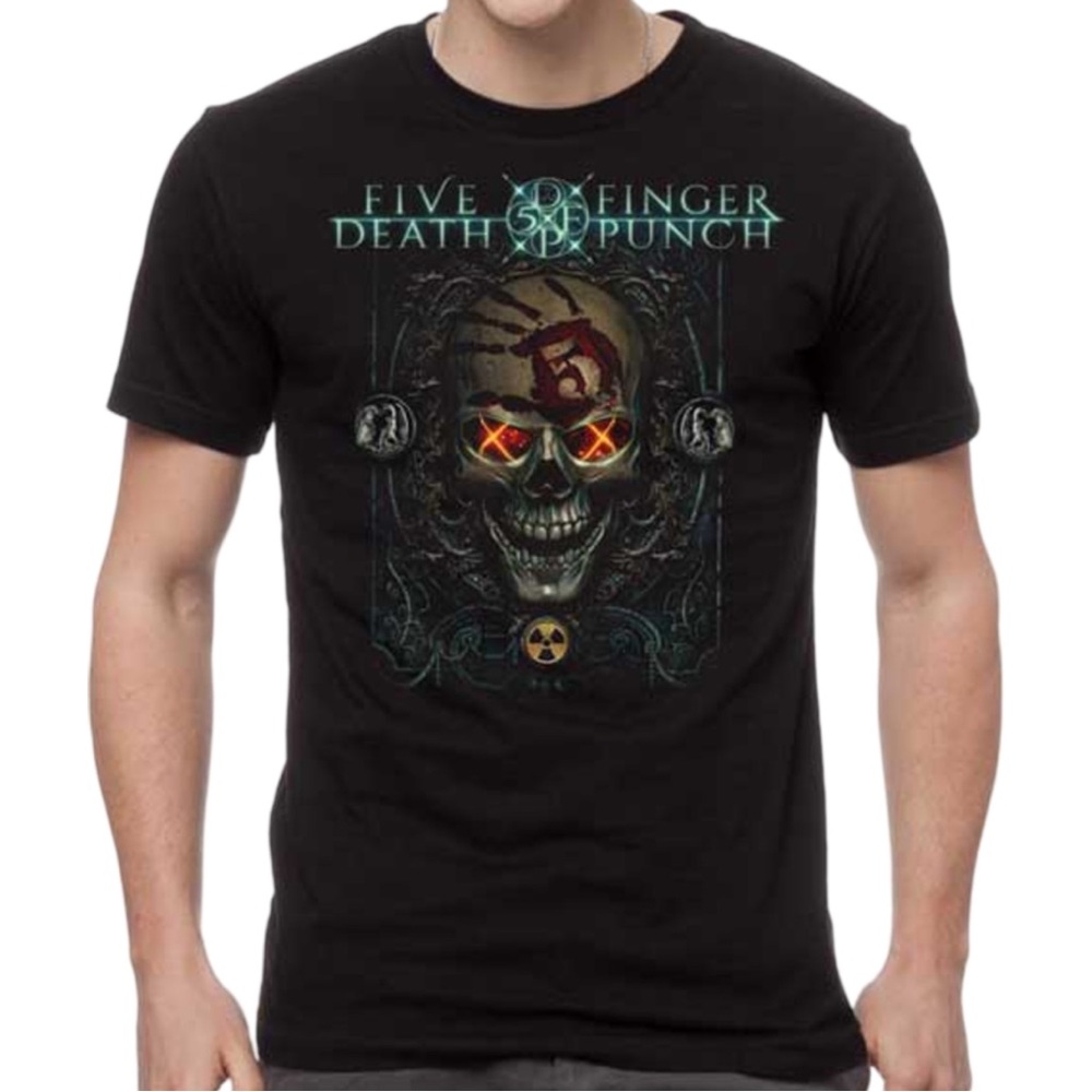Five Finger Death Punch Skull Graphic Tee Iron Fist Rock T-Shirt Black Size L
